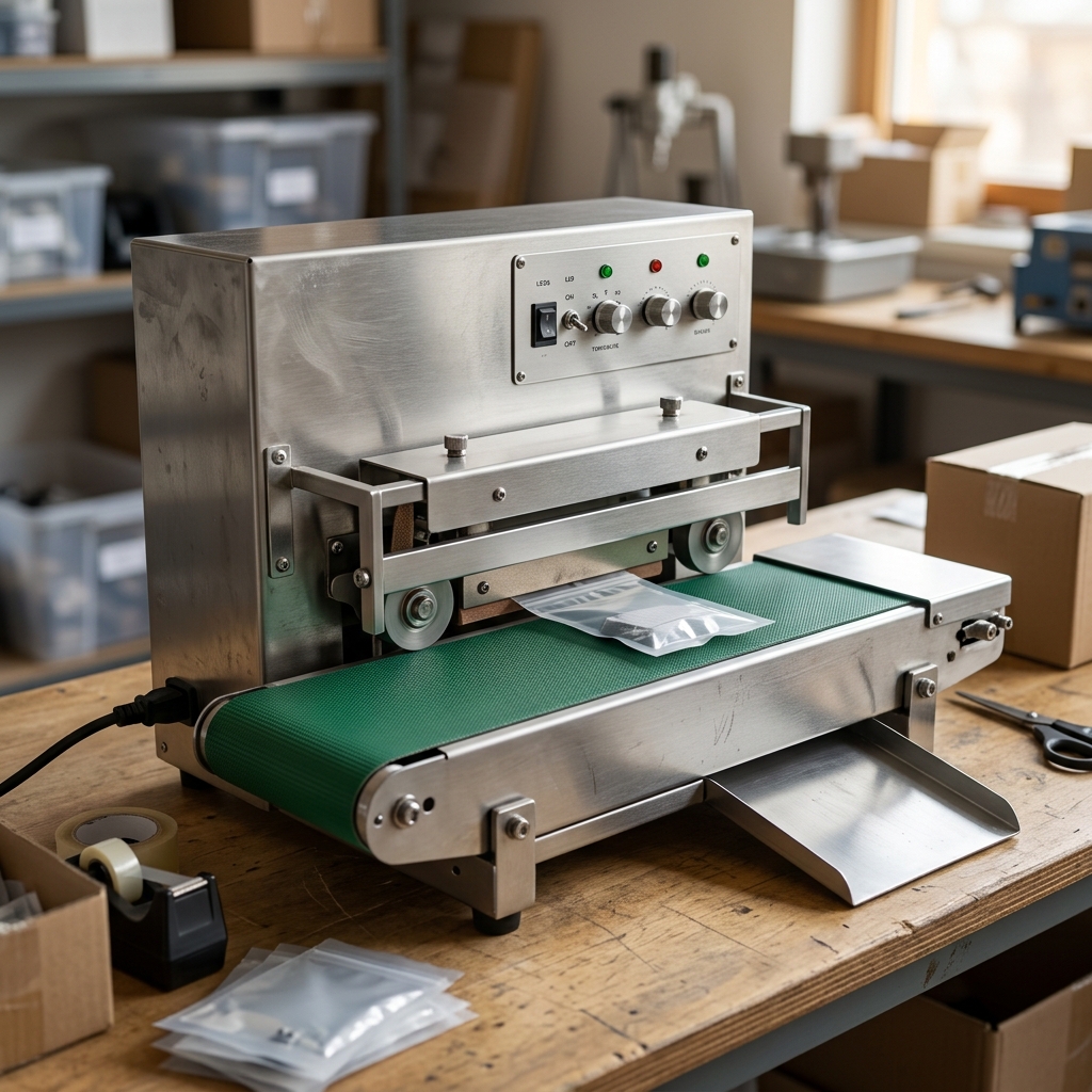 เครื่องซีลสายพานต่อเนื่องขนาดกะทัดรัด (Compact Continuous Band Sealer) บนโต๊ะทำงาน