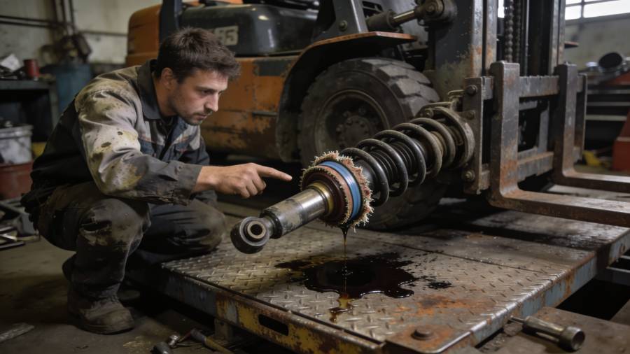 Related Image: A mechanic pointing at a worn-out, leaking forklift shock absorber on a vehicle lift in a workshop