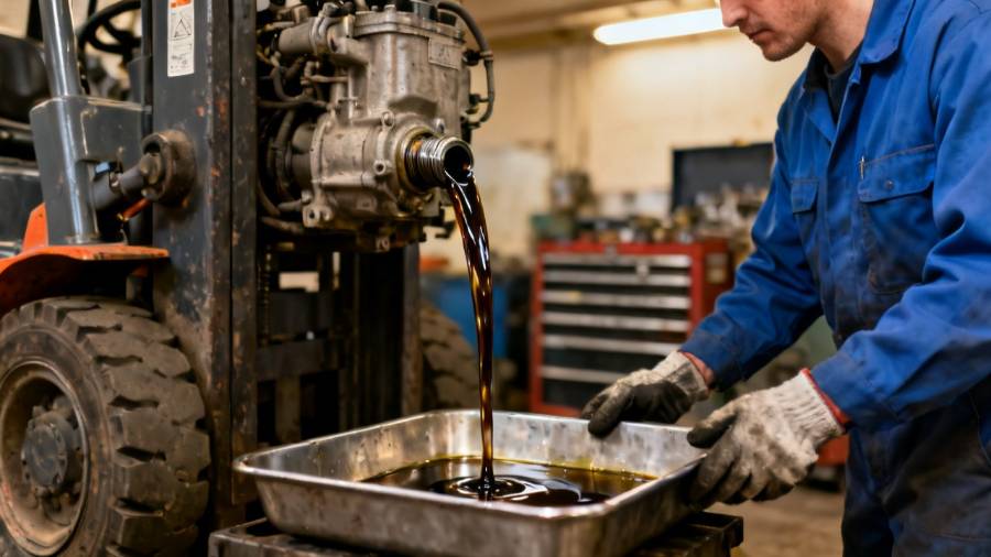 Oil change on a forklift with used oil draining