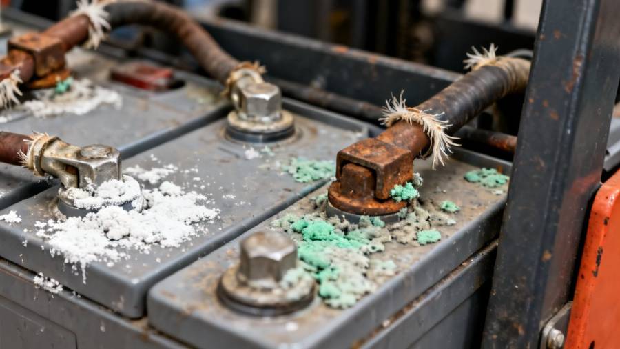 Corroded forklift battery terminals with white residue