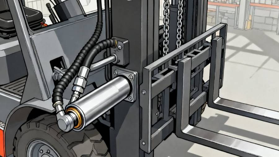 Hydraulic cylinder and hoses on a forklift mast