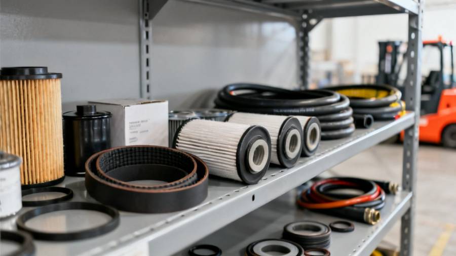 Forklift spare parts displayed on shelves in a store
